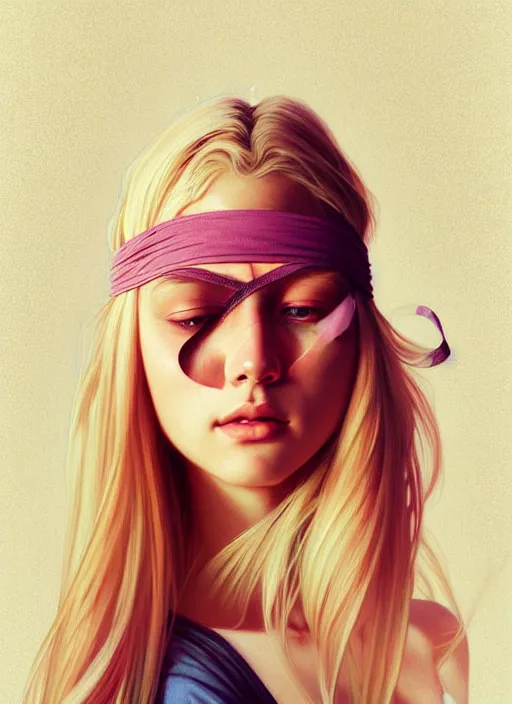 Image similar to blindfolded handsome young women with shoulder length blonde hair, symmetrical, half body shot, path traced, highly detailed, high quality, digital painting, alena aenami, lilia alvarado, shinji aramaki, karol bak, alphonse mucha, tom bagshaw