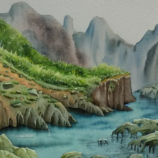 Image similar to detailed watercolor of a lush natural scene on an alien planet by stephen quiller. beautiful landscape. weird vegetation. cliffs and water.