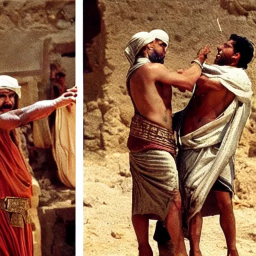 Prompt: cinematic still of angered middle eastern skinned man in ancient Canaanite clothing stabbing another middle eastern skinned man in ancient Canaanite clothing, Biblical epic by Christopher Nolan