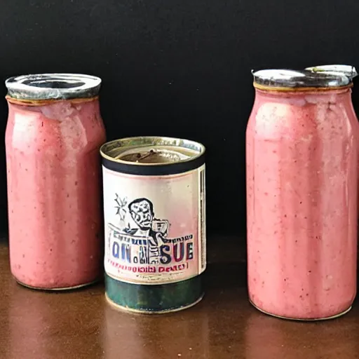 Prompt: pink sauce made in the 6 0 s in a can