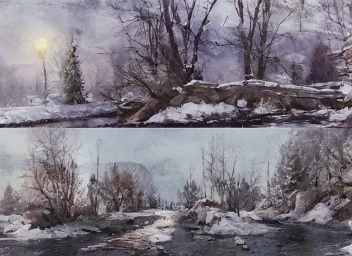 Image similar to watercolor winter landscape, glistering, high detailed art by dennis miller bunker, work by anders zorn, wonderful masterpiece by greg rutkowski, beautiful cinematic light, american romanticism by greg manchess, creation by tyler edlin