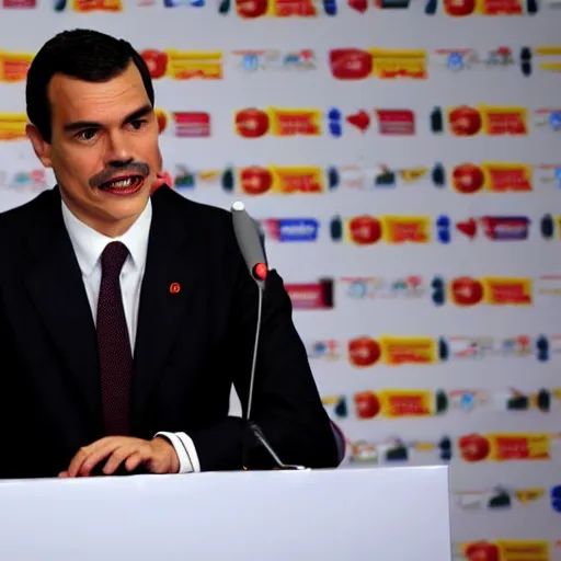 Prompt: pedro sanchez ( president of spain ) dressed as dracula at a press conference