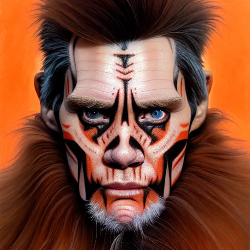 Image similar to portrait painting of jim carrey with a soft expression and short light orange hair and tribal tattoos on his face wearing fur armor, ultra realistic, concept art, intricate details, eerie, highly detailed, photorealistic, octane render, 8 k, unreal engine. art by artgerm and greg rutkowski and charlie bowater and magali villeneuve and alphonse mucha