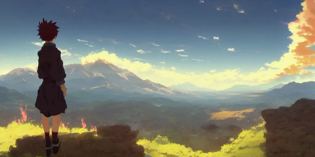 Image similar to anime character watching a landscape with mountains, sky is burning, hyperrealistic, trending on pixiv fanbox, painted by greg rutkowski makoto shinkai takashi takeuchi studio ghibli, akihiko yoshida