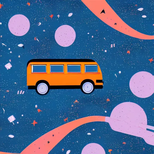 Image similar to a bus driving in outer space with money flying out of the bus windows. illustrated, high resolution