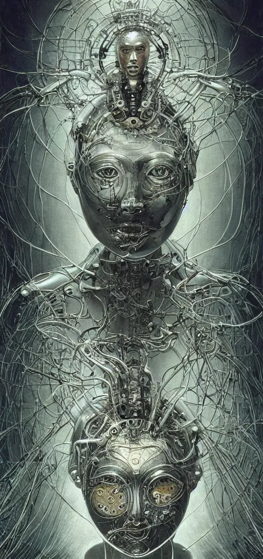 Image similar to female robot pilot, mechanical creature, electronic wires relays computer nerves, girl face, dystopian surrealism, alex ries zdzisław beksinski giger, very intricate details, demon chinese female, deep luminous eyes contain galaxies, head contains nebula, deep aesthetic, concept art, carved silver circuits diodes resistors semiconductors, highly ornate