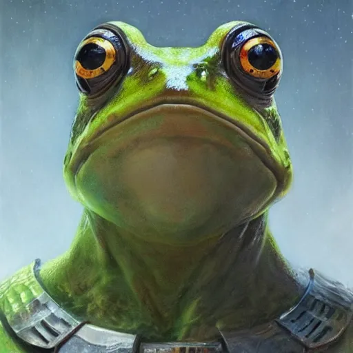 Prompt: frog as a realistic fantasy knight, closeup portrait art by donato giancola and greg rutkowski, realistic face, digital art, trending on artstation, symmetry!!, no helmet