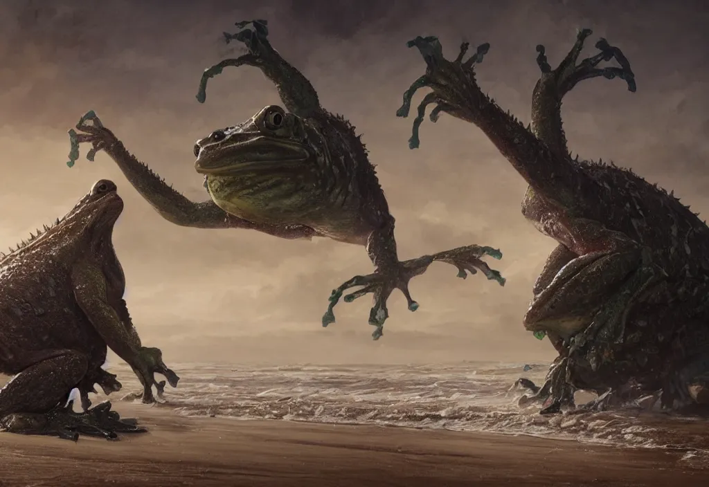 Image similar to giant frog monster on the beach, fantasy boss battle, eldritch horror, character art by Greg Rutkowski, 4k digital render