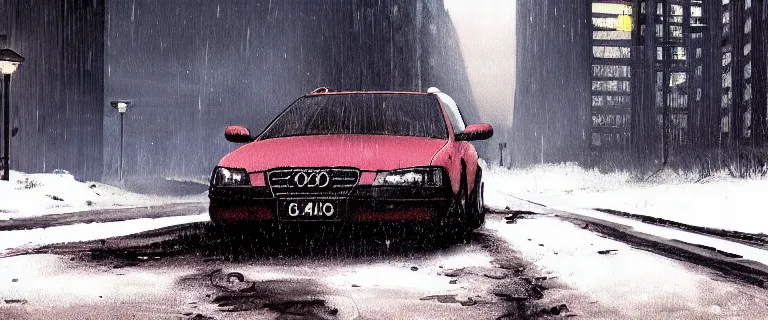 Prompt: Audi A4 B6 Avant (2002), a gritty neo-noir, dramatic lighting, cinematic, eerie person silhouette, death, homicide, homicide in the snow, gunshots, establishing shot, extremely high detail, photorealistic, cinematic lighting, artstation, by simon stalenhag, Max Payne (PC) (2001) winter new york at night, In the style of Max Payne 2 graphic novel, flashing lights, Poets of the Fall - Late Goodbye