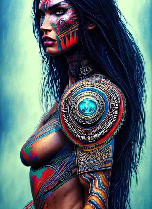 Image similar to portrait of megan fox, hyper detailed ultra sharp aztec shaman warrior. trending on artstation, warpaint aesthetic, bloodwave, colorful, psychedelic, ornate, intricate, digital painting, concept art, smooth, sharp focus, illustration, art by artgerm and greg rutkowski and h. r. giger, 8 k