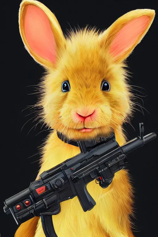 Image similar to portrait of neon fur rabbit with red eyes and a machine gun , 8k, highly detailed, sharp, realistic, in style of Brom