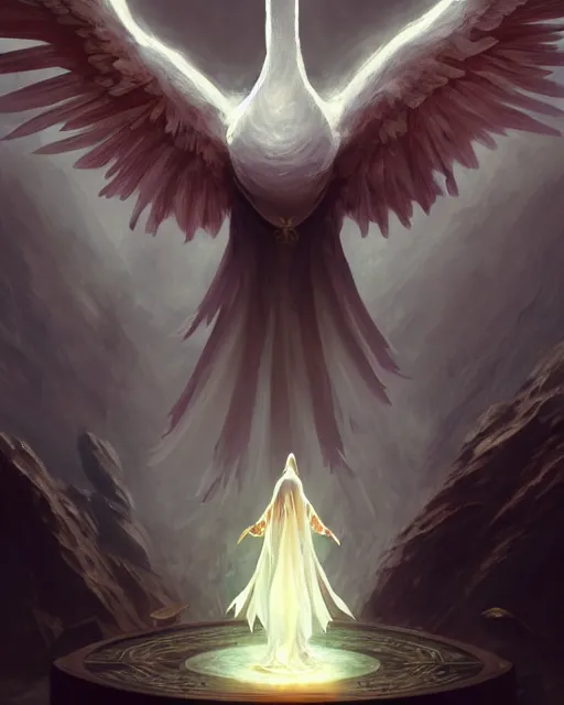 Image similar to Swan, Anthropomorphized, Angelic, Magical, Priest, D&D, artstation, fantasy, magic the gathering artwork, cinematic lighting, centered, symmetrical, highly detailed, digital painting, , concept art, smooth, sharp focus, illustration, volumetric lighting, epic Composition, 8k, art by Akihiko Yoshida and Greg Rutkowski and Craig Mullins, oil painting, cgsociety