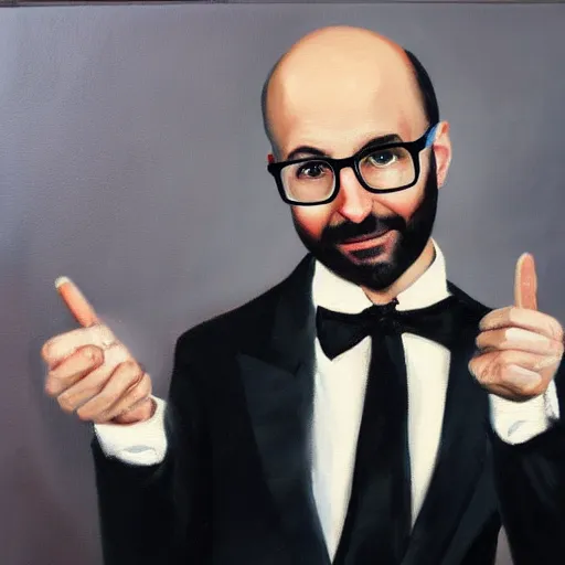 Prompt: vsauce in a tuxedo oil painting