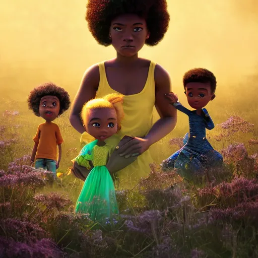 Image similar to stunning, coherent, impressive, detailed still of black family in a dream world, follow shot, 3d, in the style of pixar, comic book style, 3d, highly detailed, sharp focus, bokeh, depth of field, 16k resolution, Unreal Engine 5, coherent, cinematic lighting, photorealistic, by Zhang Jingna