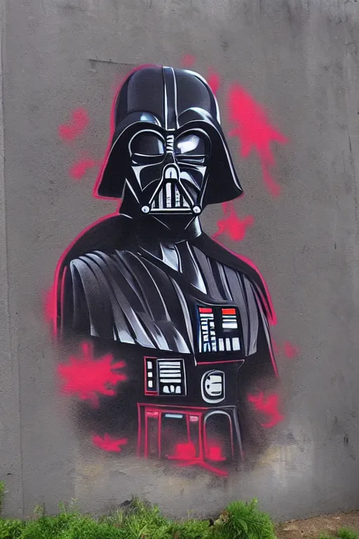 Image similar to darth vader graffiti art in inner city alley on tatooine