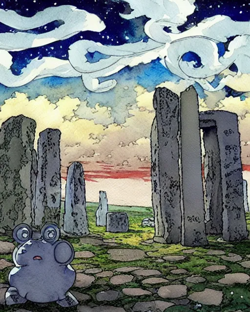 Image similar to a hyperrealist studio ghibli watercolor fantasy concept art. in the foreground is a giant grey octopus building and putting stones in to place on top of stonehenge with a starry sky. by rebecca guay, michael kaluta, charles vess