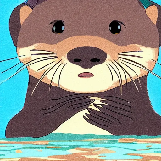 Prompt: an otter using overear headphones, in the style of ghibli animations