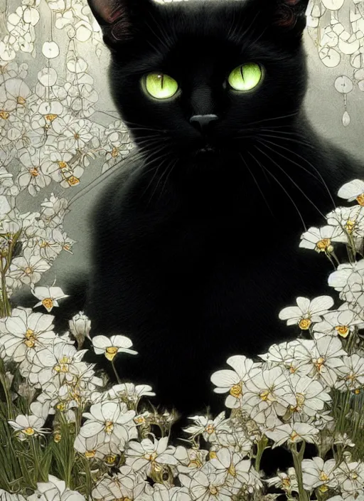 Image similar to black cat with white spots taking shelter from rain, fantasy, intricate, elegant, hyper detailed, ultra definition, photoreal, artstation, unreal engine rendered, concept art, smooth, sharp focus, illustration, art by artgerm and greg rutkowski and alphonse mucha and garis edelweiss