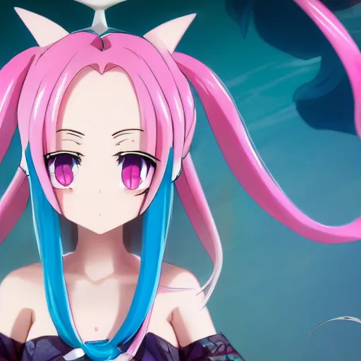 Image similar to stunningly beautiful omnipotent megalomaniacal anime goddess with porcelain skin, pink twintail hair and mesmerizing cyan eyes, symmetrical perfect face smiling in a mischievous, devious and haughty way while looking down upon the viewer, mid view, hyperdetailed, 2 d, 8 k