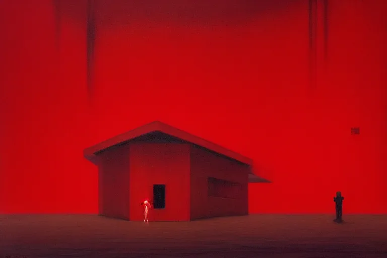 Image similar to only with red, netflix studios with workers at work, a big mickey mouse head in the middle, in the style of beksinski, parts by edward hopper, parts by rodcenko, parts by yue minjun, intricate and epic composition, red by caravaggio, insanely quality, highly detailed, masterpiece, red light, artstation, 4 k