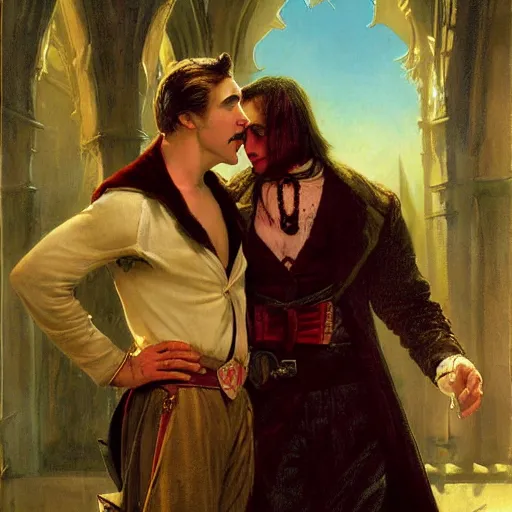 Prompt: attractive male, arthur pendragon confesses his love to attractive male dracula the vampire. highly detailed painting by gaston bussiere, craig mullins, j. c. leyendecker 8 k