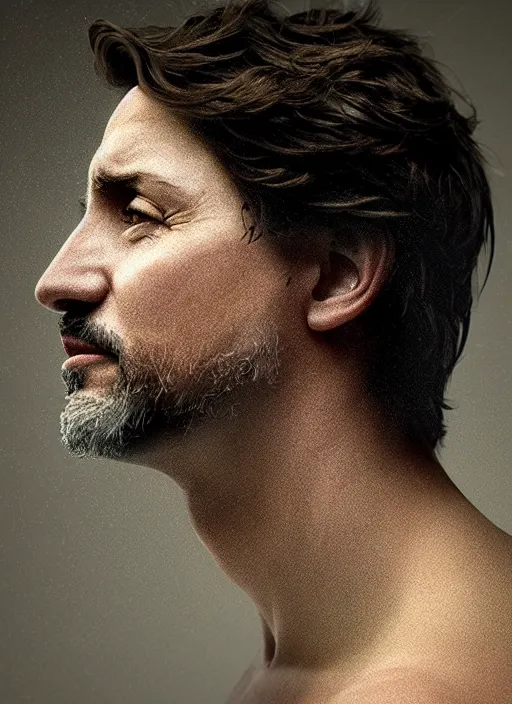 Image similar to a profile portrait of justin trudeau with translucent skin, visible cranial cavity with cobwebs, dust and rats, beautiful detailed intricate insanely detailed octane render, 8 k artistic photography, photorealistic, chiaroscuro, by david cronenberg, raphael, caravaggio