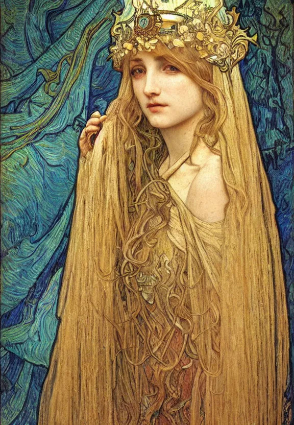 Image similar to detailed realistic beautiful young medieval queen face portrait by jean delville, alphonse mucha, vincent van gogh, and marco mazzoni, art nouveau, symbolist, visionary, gothic, pre - raphaelite