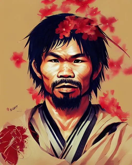 Image similar to an anime portrait of manny pacquiao as a beautiful man wearing a kimono from skyrim, by stanley artgerm lau, wlop, rossdraws, james jean, andrei riabovitchev, marc simonetti, and sakimichan, trending on artstation