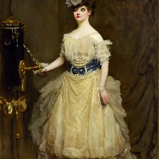 Prompt: young lady in a steampunk ballroom dress by alfred stevens