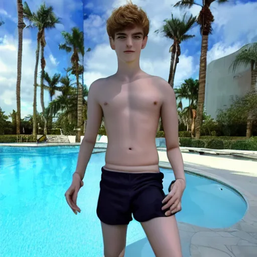 Image similar to a realistic detailed photo of a guy who is an attractive humanoid who is half robot and half humanoid, who is a male android, twitch stream ninja tyler blevins, shiny skin, posing like a statue, blank stare, by the pool, on display