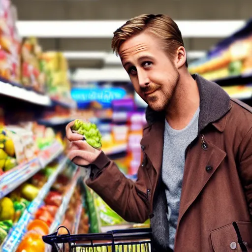 Prompt: ryan gosling at a grocery store, hidden camera, photograph, photorealistic, 8k HDR