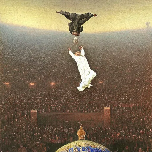 Image similar to benjamin netanyahu sky diving into mecca on hajj day, by gustave dore and norman rockwell