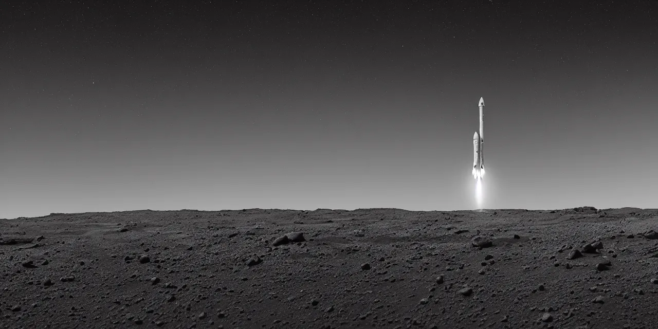 Prompt: 1 7 mm, black and white photo of a rocket landing on mars, black background with stars, cinematic film still, high contrast, astrophotography, 4 k