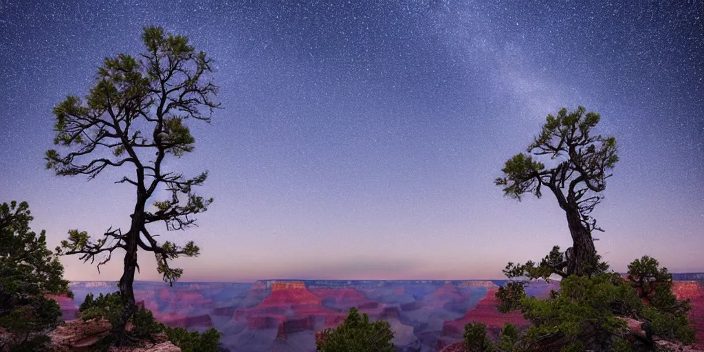 Prompt: single maple tree growing in grand canyon, stream, laurie greasley, spiraling celestial gases tiny glowing neon bioluminescent specks turbulent clouds sky, art station