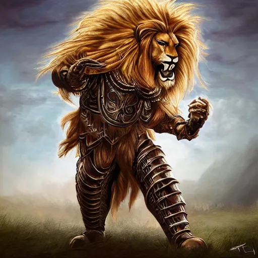 Prompt: portrait of a regal lion humanoid, leonin!!, large beautiful mane, wearing armor, angry, full body, realistic, kodachrome, dungeons and dragons, painting, digital art