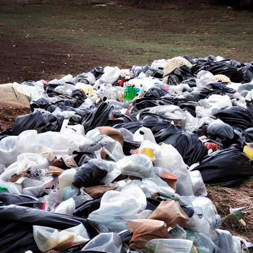 Prompt: photograph of a mountain of garbage bags, cinematic, beautiful melancholic