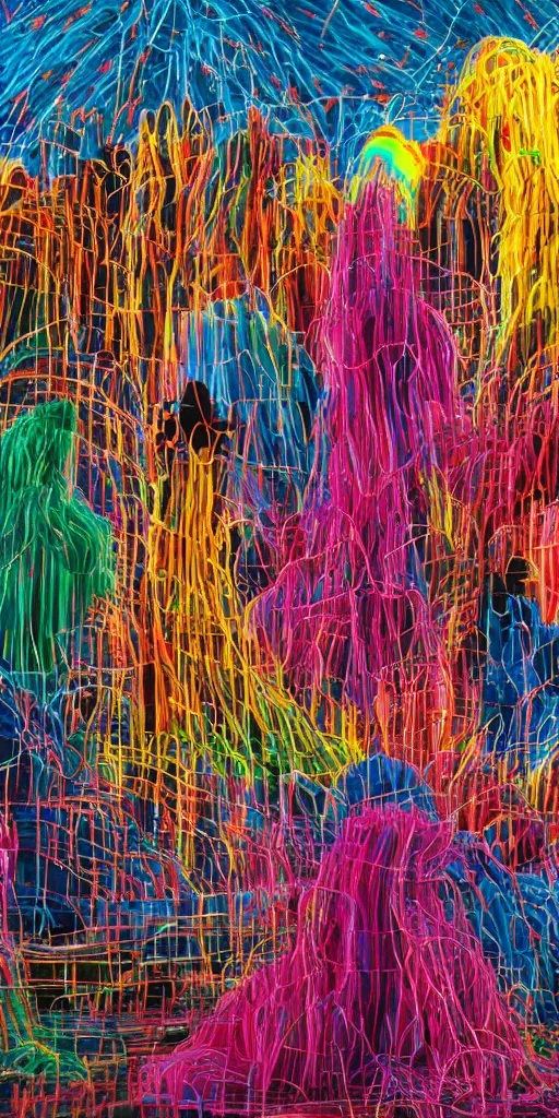 Prompt: group of giant rainbow-colored people dancing in a forest made out of fluffy pipecleaners and crumpled foil in the style of Jean-Michel Basquiat, 3D cinematic lighting, spotlight at a 90 DEGREE ANGLE, photorealism, octane render, depth of field, 8k, 35mm, artgem, Trending on artstation