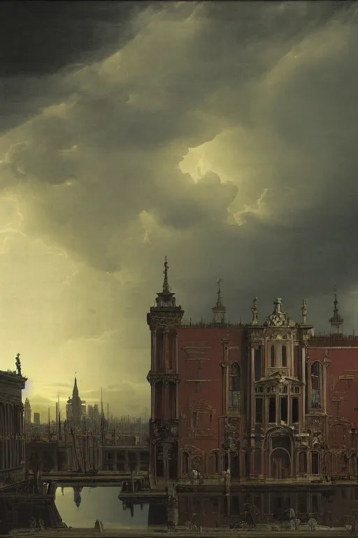 Prompt: dark fantasy matte painting of a city-size pipe organ at night, dark stormy weather by beksinsky and Canaletto and Bellotto