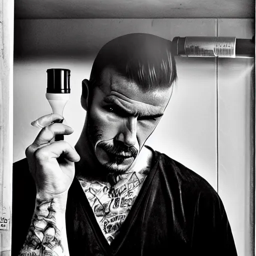 Image similar to injecting milk, heroin addict, david beckham, dark, gritty realistic,