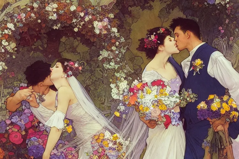 Image similar to the groom kisses the bride at a wedding full of flowers, bright and happy, dreamlike art, highly detail, 4 k realistic, wedding photoy krenz cushart. artem demura. alphonse mucha. yoji shinkawa artgerm. jon lothian. danilo torres. adi meyers. thomas reimann. gaston bussiere.