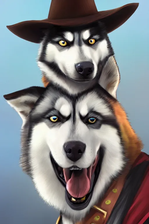 Prompt: a portrait painting of a husky in cowboy costume in the style of anime, western film, humanoid, personify, anthropomorphic, trending on artstation