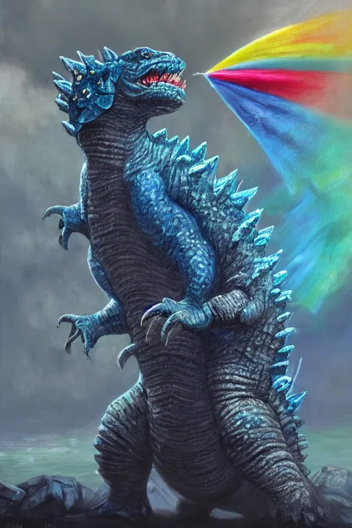 Image similar to a full body high detail fantasy portrait oil painting illustration of a tiny fat blue godzilla with a rainbow hat by justin sweet with face and body clearly visible, in a scenic background, pretty eyes, realistic proportions, d & d, rpg, forgotten realms, artstation trending, high quality, sombre mood, artstation trending, muted colours, entire person visible!