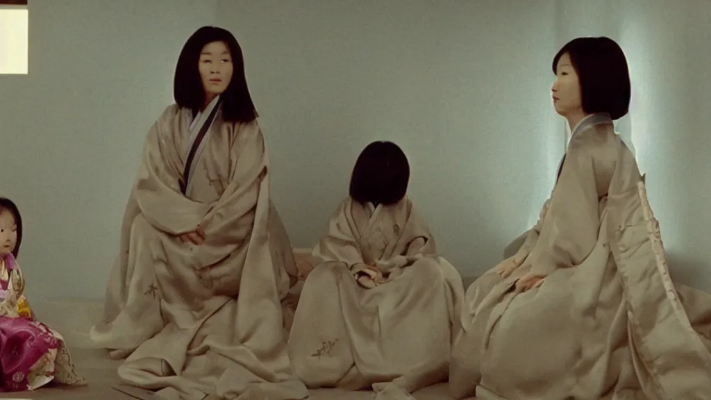 Image similar to shadow of a giant starfish - monster behind a woman in hanbok sitting on a couch, traditional korean interior, kaiju - eiga monster movie by denis villeneuve, cinematography by akira kurosawa and ishiro honda