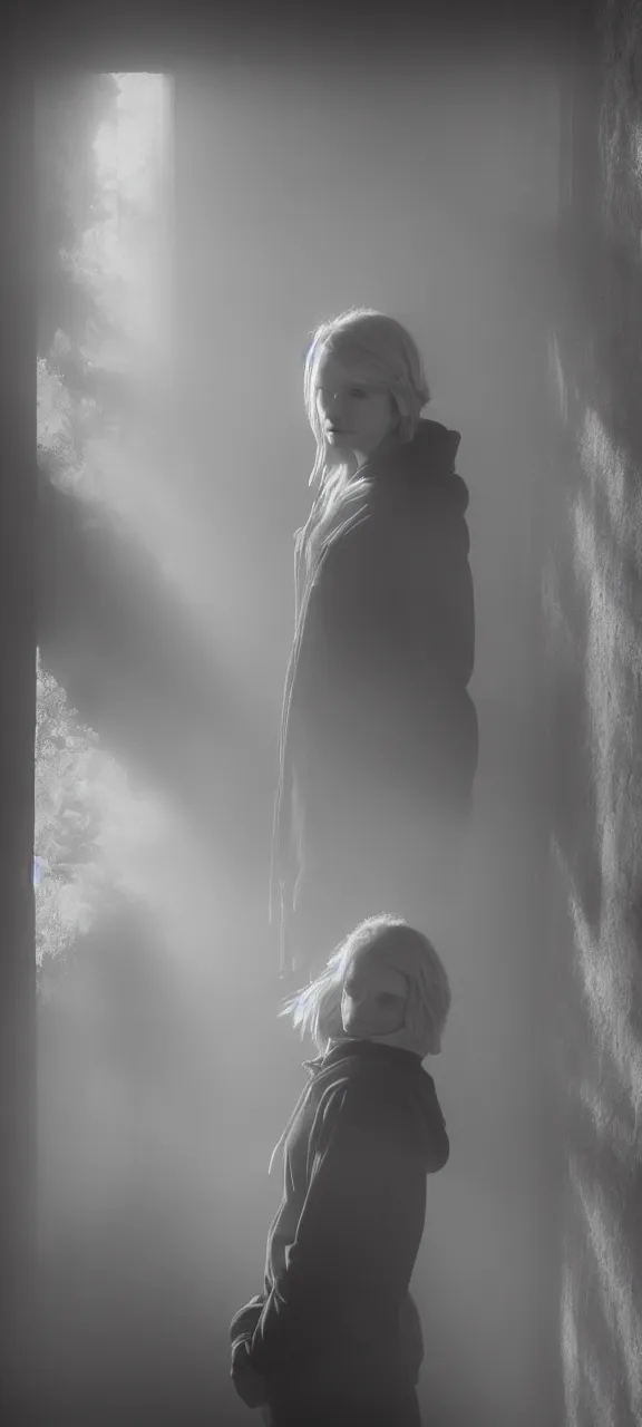 Image similar to very very beautiful photograph of emily skinner looking like annie leonhart in a hoodie standing next to a window god rays shining on her from the sunlight, volumetric fog, smoke, depth of field, beautiful composition, very very very beautifull face, on artstation and instagram, ray tracing