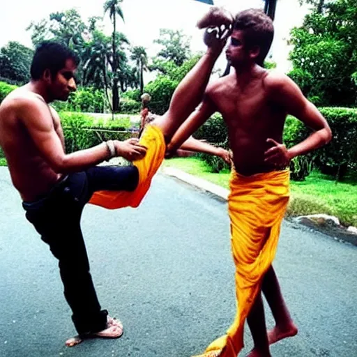Prompt: “Indian man fighting human sized stretch Armstrong, award winning photo”