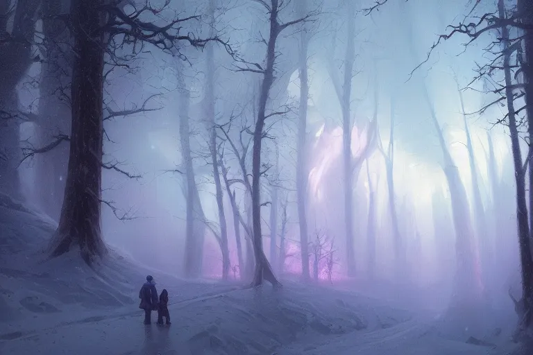 Image similar to a beautiful oil painting of a valley covered in snow, trees with purple, thunderstorm in the sky, blue lighting, gloomy, atmospheric lighting, detailed, beautiful!!, purple bioluminescence, by greg rutkowski, trending on artstation