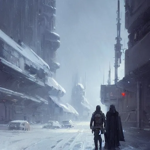 Image similar to star wars concept art by greg rutkowski, a post - modern city between a snowed mountain range, sharp foccus, cinematic ilumination, nostalgic atmosphere.