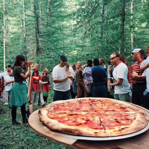 Image similar to a crowd of diverse people worshipping a slice of pizza on an altar during a solar eclipse in a clearing of a forest, 35mm