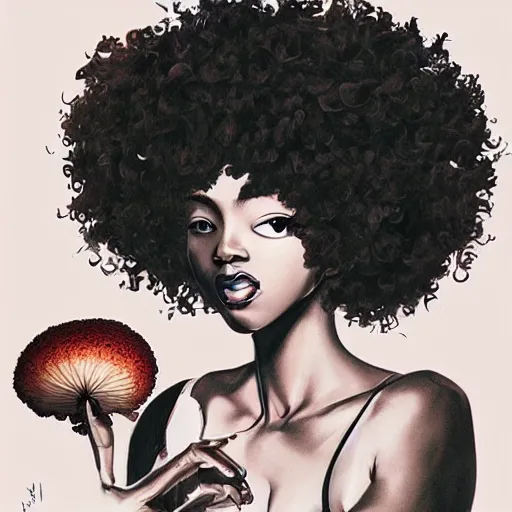 Prompt: black woman with afro serving mushrooms by artgerm yoshitaka amano