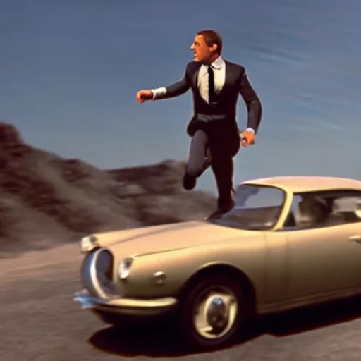 Image similar to man chased by a flying car, movie still of James bond